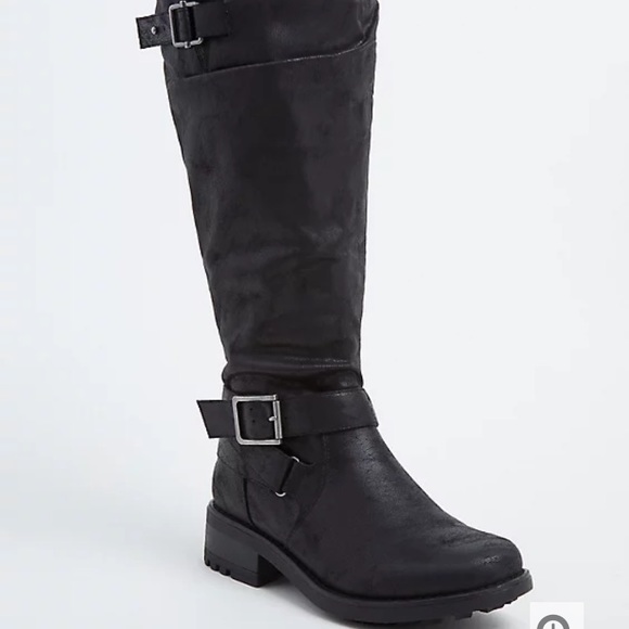 torrid Shoes - BLACK FAUX LEATHER BUCKLE KNEE-HIGH BOOT wide calf